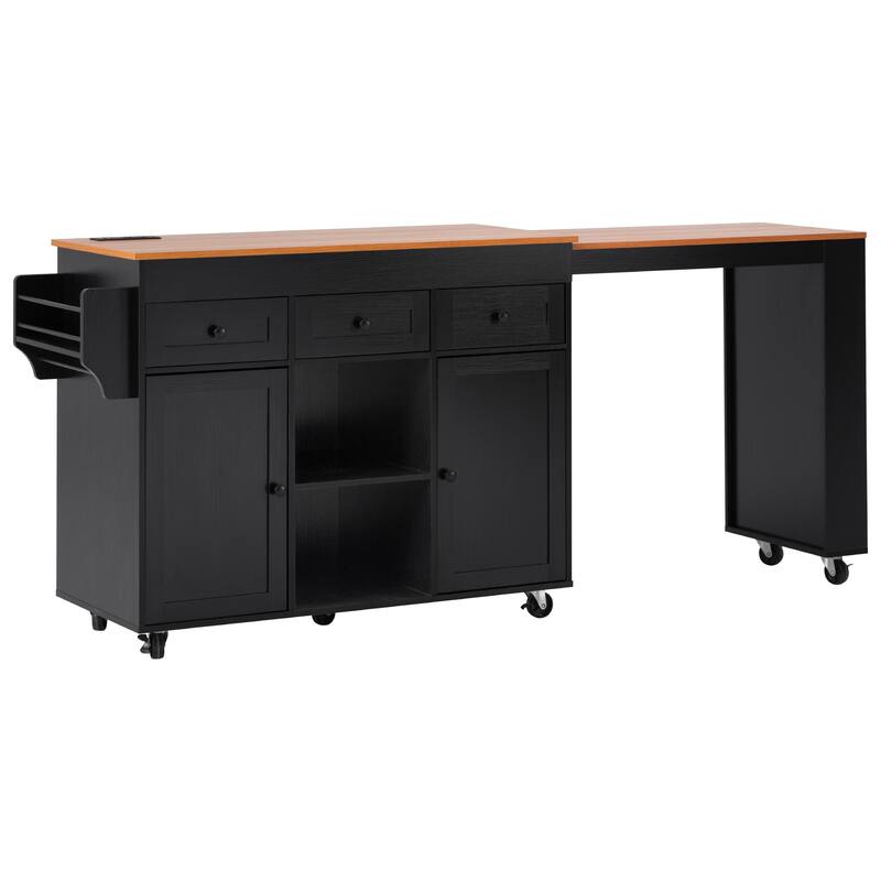 86" Extendable Kitchen Island with Outlets, 3 Drawers & Open Shelves