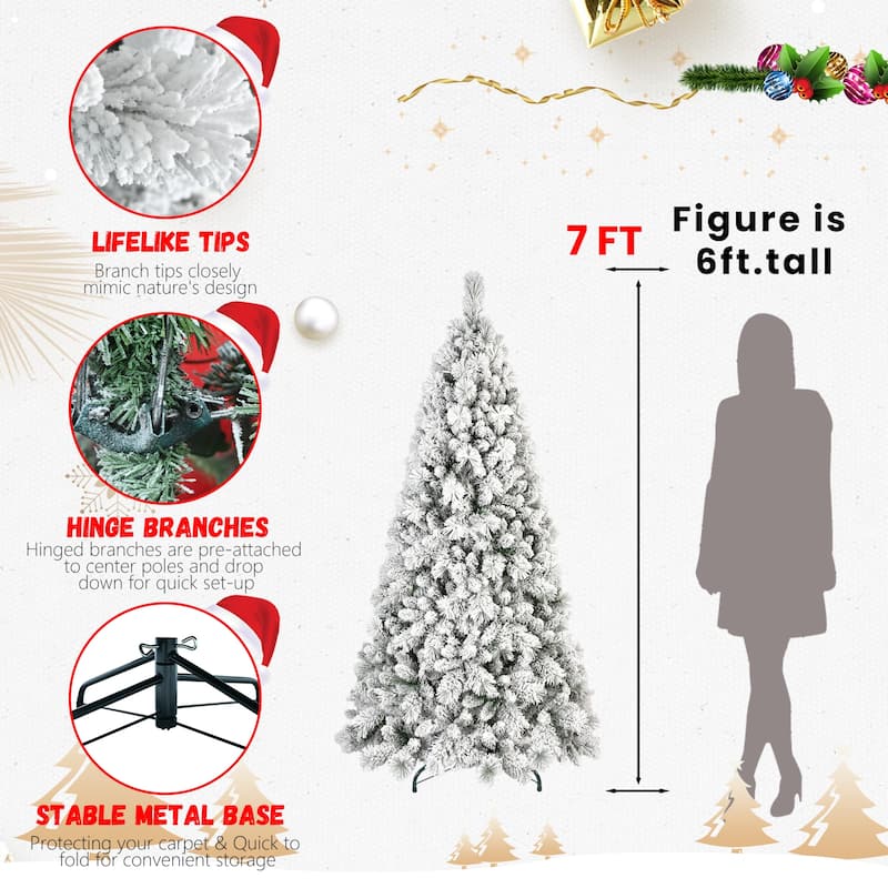 Flocked Artificial Christmas Tree - Snowy PVC & Hard Needle Branches, Hinged Structure, Metal Stand - Green,White