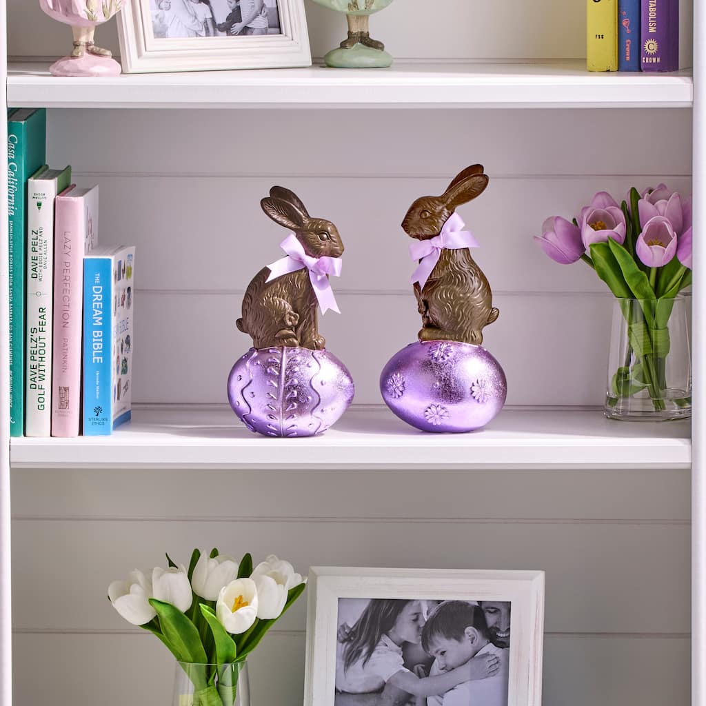 10" Resin Bunny On Metallic Egg Set of 2