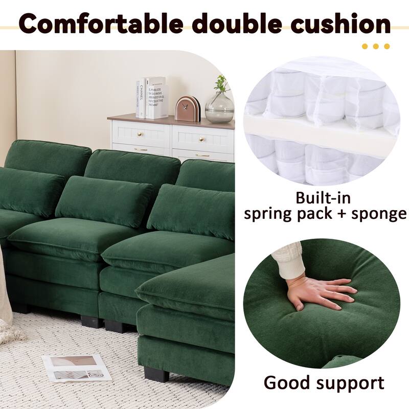 U Shape 111.8"Modern Comfort Combination Sectional Sofa,4-seat Velvet Fabric Upholstered Sofas with Chaise Lounge & Pillows