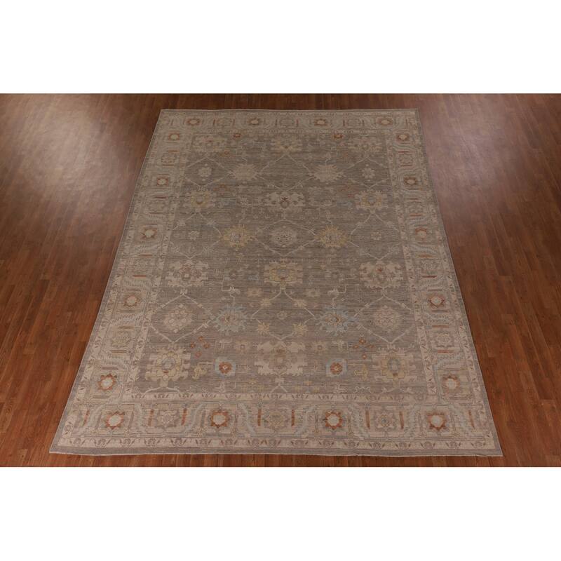 Transitional Oushak Area Rug Hand-Knotted Floral Wool Carpet - 8'9" x 11'7"
