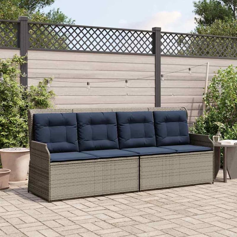 vidaXL Garden Bench with Cushion Brown Poly rattan - 26 x 43 x 37 - gray and navy blue