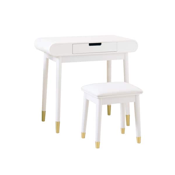 White Makeup Vanity Set with Stool, High Gloss Finish Dressing Table 