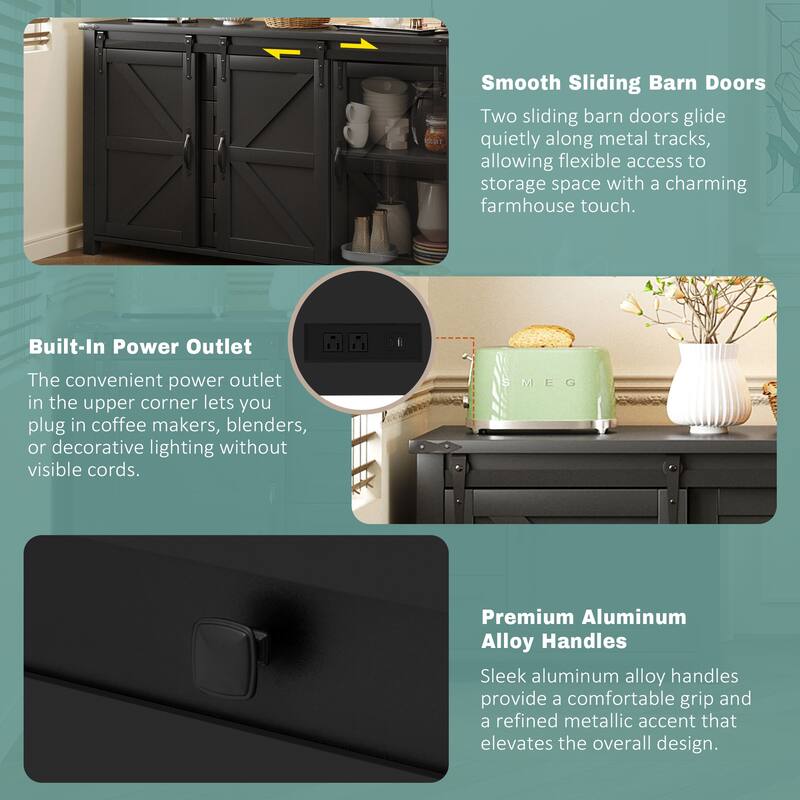 Sideboard with Sliding Barn Doors & 4 Storage Drawers, Wood Buffet Cabinet Table with Power Outlet & Adjustable Shelves