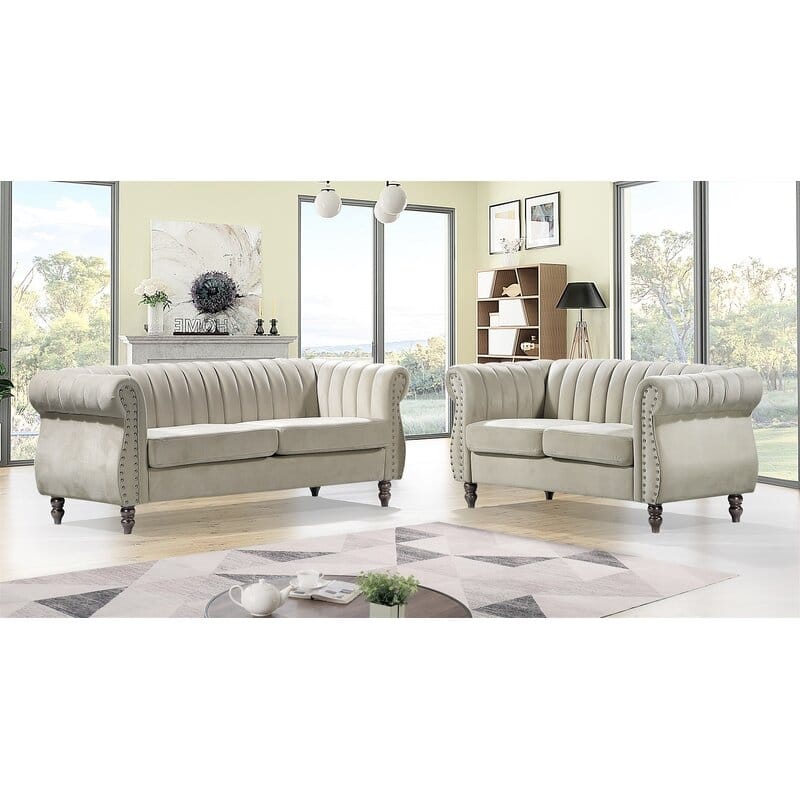 Capucina 2-piece Velvet Living Room Sofa Set - Beige