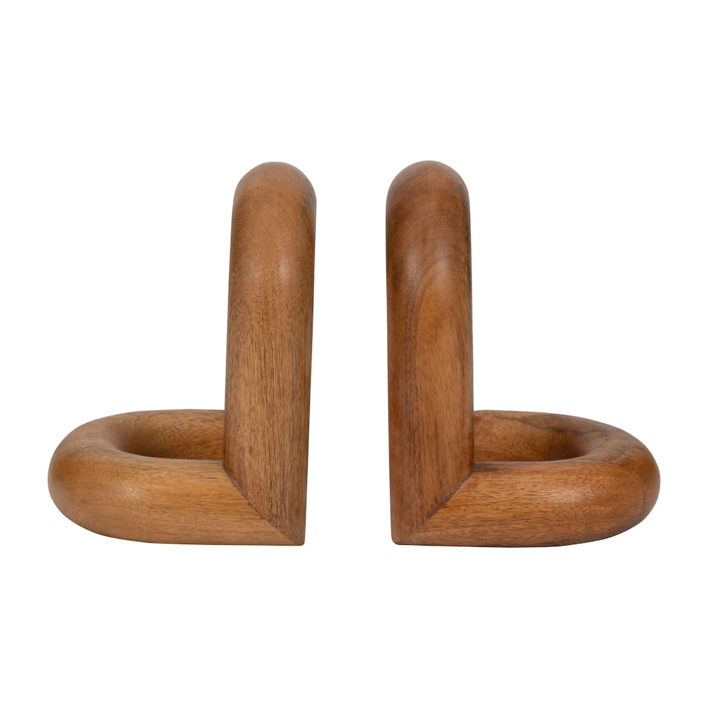 Wood, Set Of 2 7" Loopy Bookends, Brown, Round, 7"H, Solid - 6" x 5" x 7"