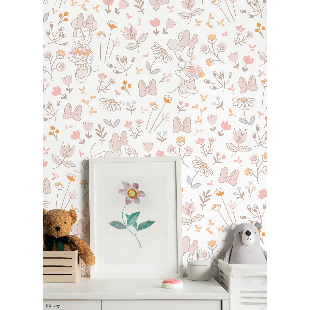Disney Minnie Mouse Pretty as a Flower Pink Peel and Stick Wallpaper - 216  x 20.50 - On Sale - buybuy BABY - 42580565, image size:1300x1300