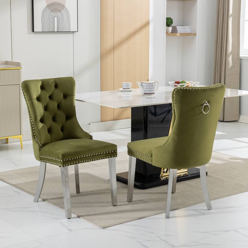 Roomfitters Modern Velvet Dining Chairs Set of 2, Tufted Upholstered Accent Chairs and Chrome-Plated Stainless Steel Legs - Olive Green