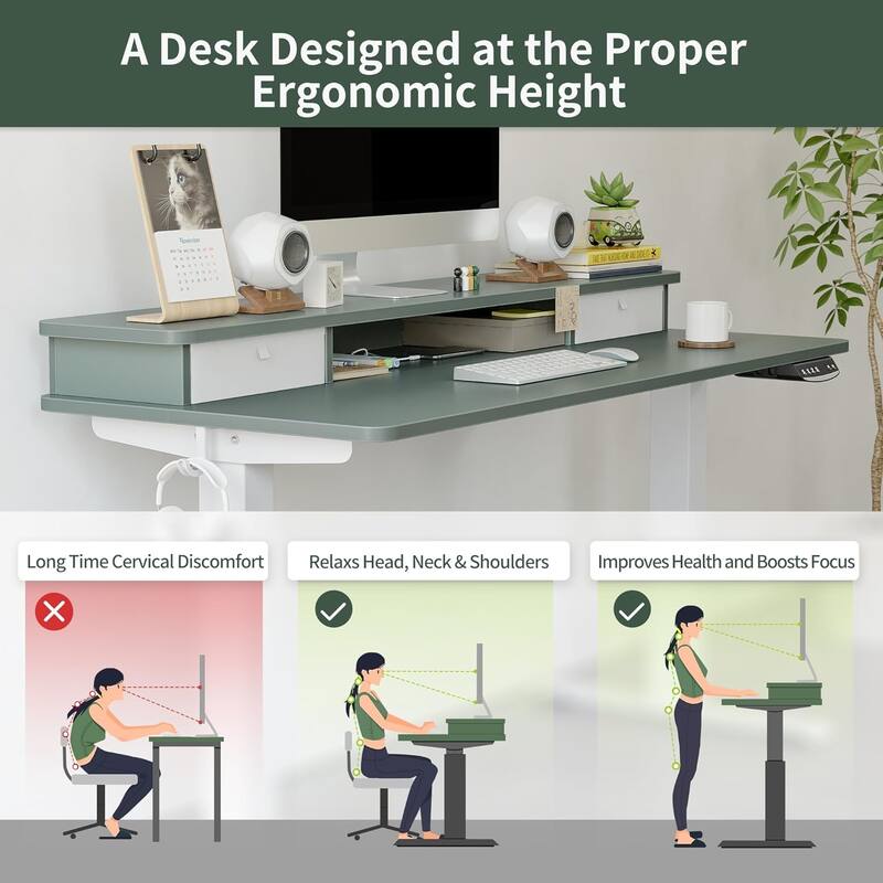 FEZIBO Height Adjustable Electric Standing Desk with Double Drawer, Stand Up Desk with Storage Shelf, Sit Stand Desk