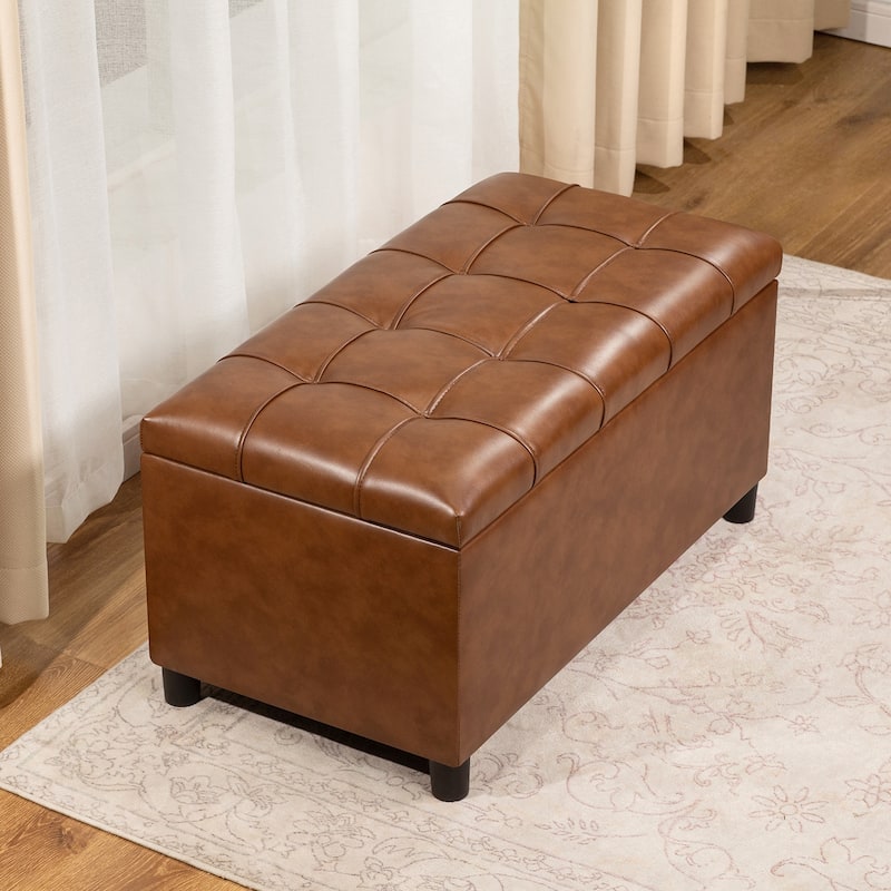 Adeco Rectangular Storage Ottoman Faux Leather Bench Lift-top Footrest - Caramel-Faux-Leather