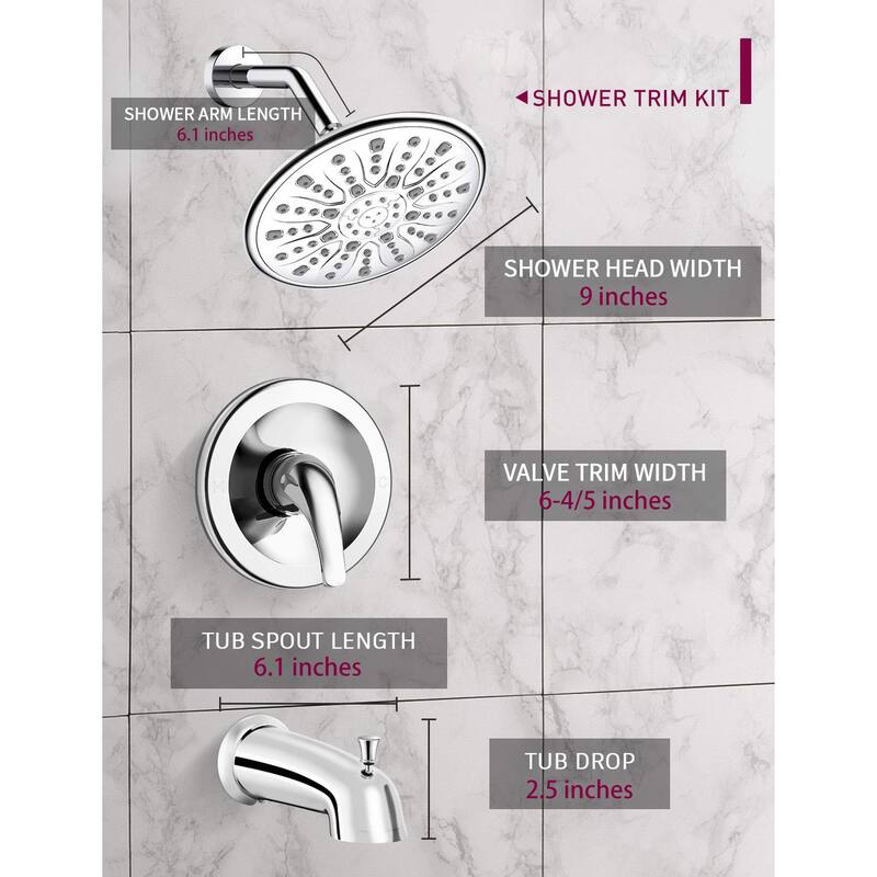 Proox 9 inch Single Handle Rainfall Round Shower Head Faucet W/ Wall Mounted Bathtub Spout