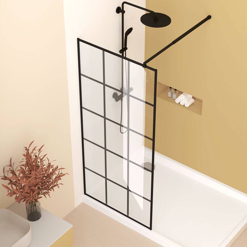 GDFStudio - Emerson Frameless Style Shower Screen with Silk-Printed Tempered Glass and Support Bar - 34" Width x 72"Height