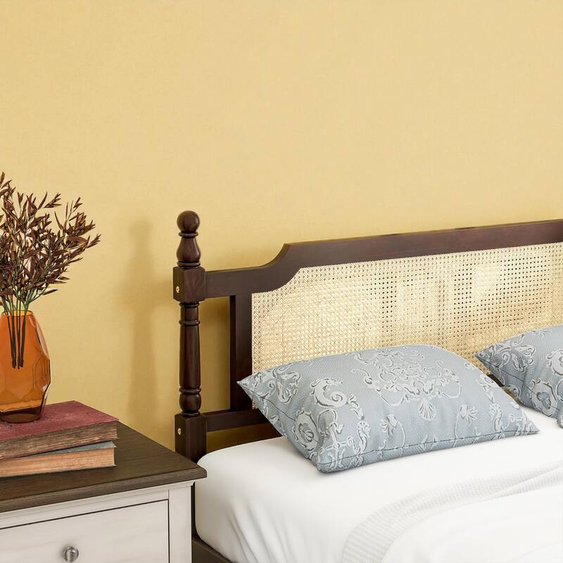 Queen/King Size Pine Wood Bed with Rattan Headboard and Footboard, Solid Frame with Central Support and Under-Bed Storage