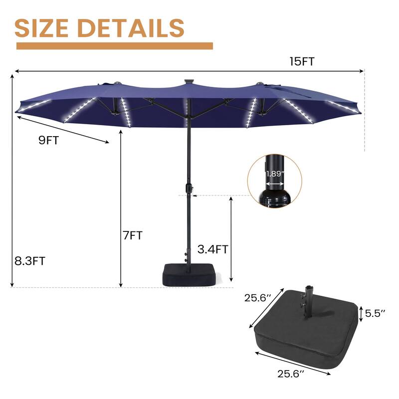 15ft Outdoor Patio Market Umbrella with Base and 144 Solar-Powered Led Lights