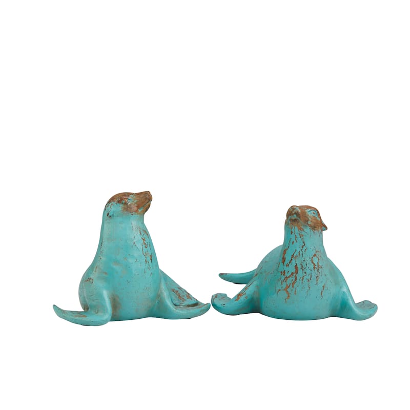Polystone Sea Lion Distressed Sculpture with Brown Wood Inspired Accents - Set of 2 Teal - Roche River Decor - 12"W x 7"L x 5"H