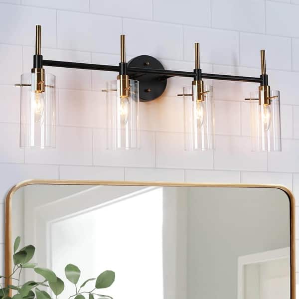 slide 2 of 11, Alva Modern 4-Light Black and Gold Bathroom Vanity Lights Cylinder Glass Wall Lamp - 27.5" L x 6" W x 11" H