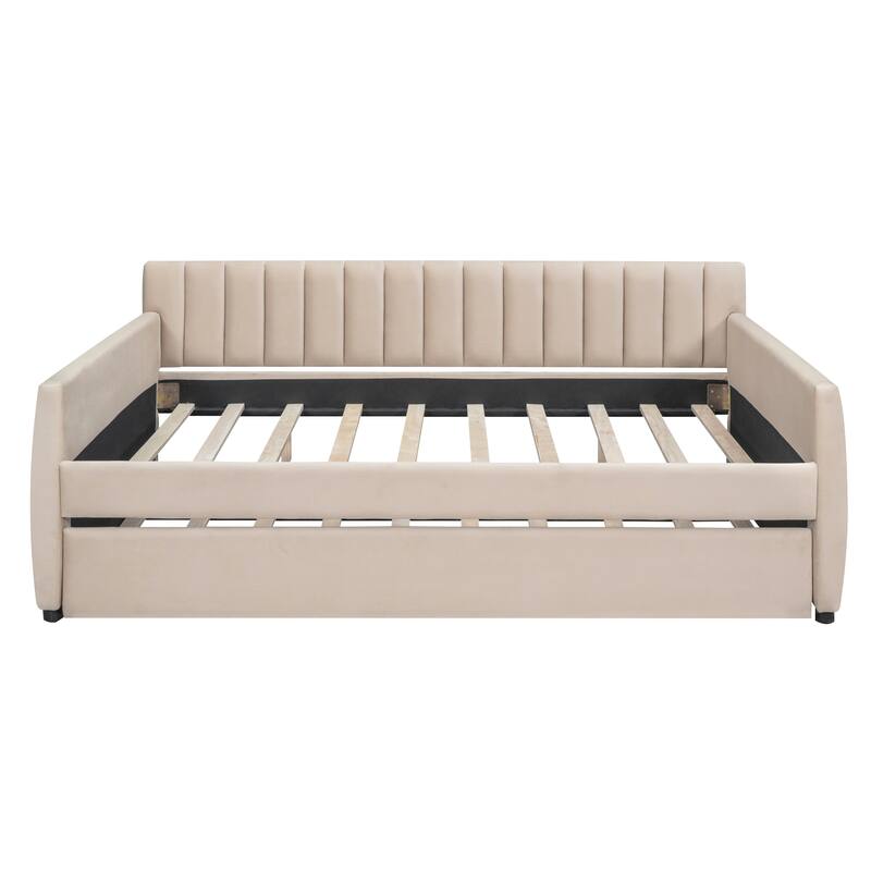 Elegant Velvet Upholstered Daybed, Full Size with Trundle, Sturdy Wood Slat Frame, Easy Assembly