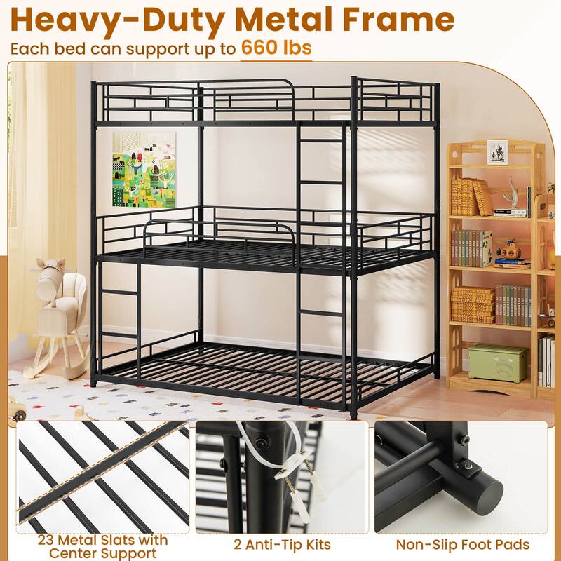 Costway Full Over Full Over Full Metal Bed Frame Heavy-Duty Triple