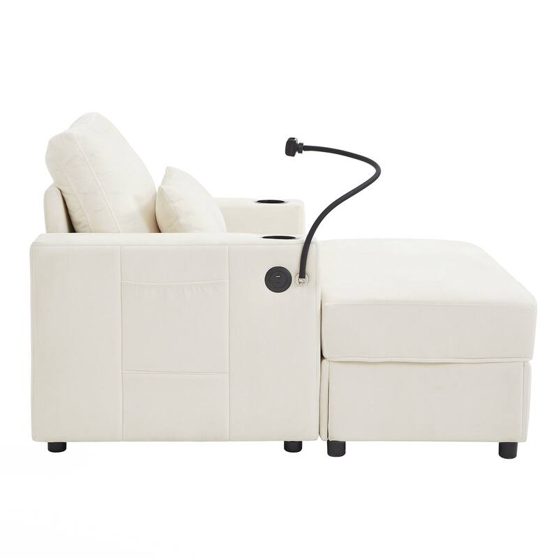 Modern Style Armchair 42.5" Chaise Lounge Sofa Couch with a Movable Storage Ottoman, Two USB Ports, Two Cup Holders