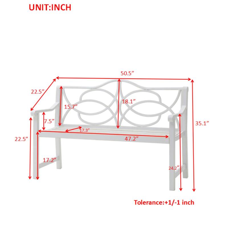 Exquisite Patio Bench Outdoor Bench with Metal Legs for Backyard, White Entryway Footrest Bench with Armrests and Backrest