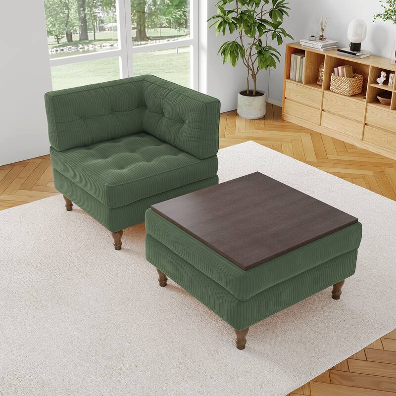 Corduroy L-shape Modular Corner Sectional Sofa with Reversible Storage Ottoman