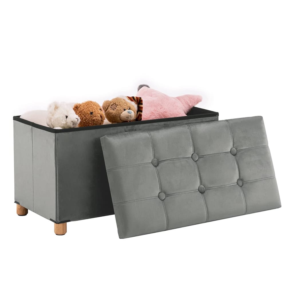 30 Inches Folding Storage Ottoman Bench, Velvet Storage Chest, Footrest Couch with Wooden Legs, Support 350lbs