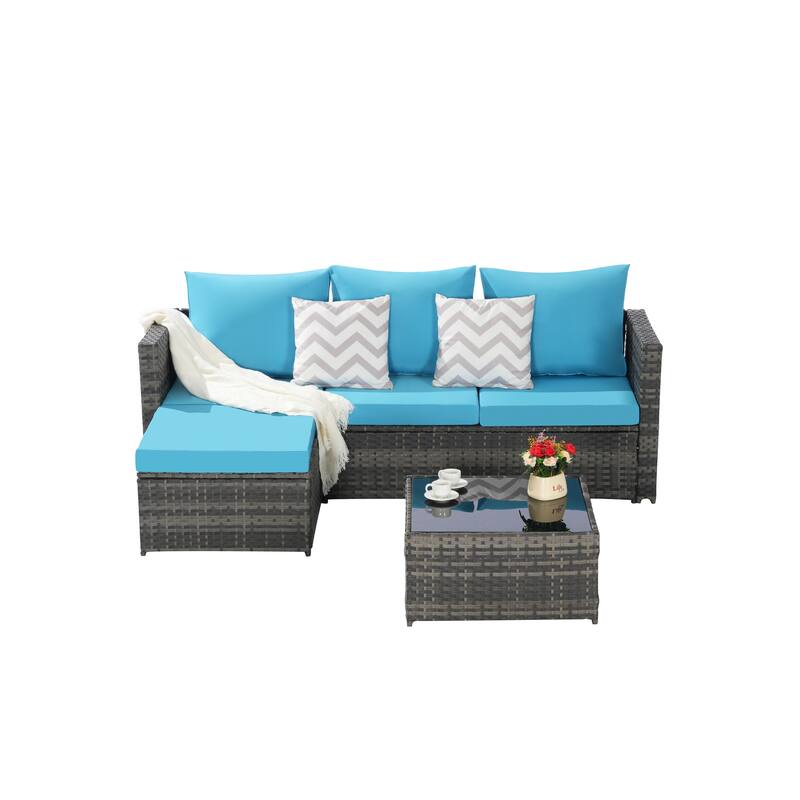 2-Pieces Outdoor Patio L-Shaped Sectional Sofa Set with Glass Coffee Table