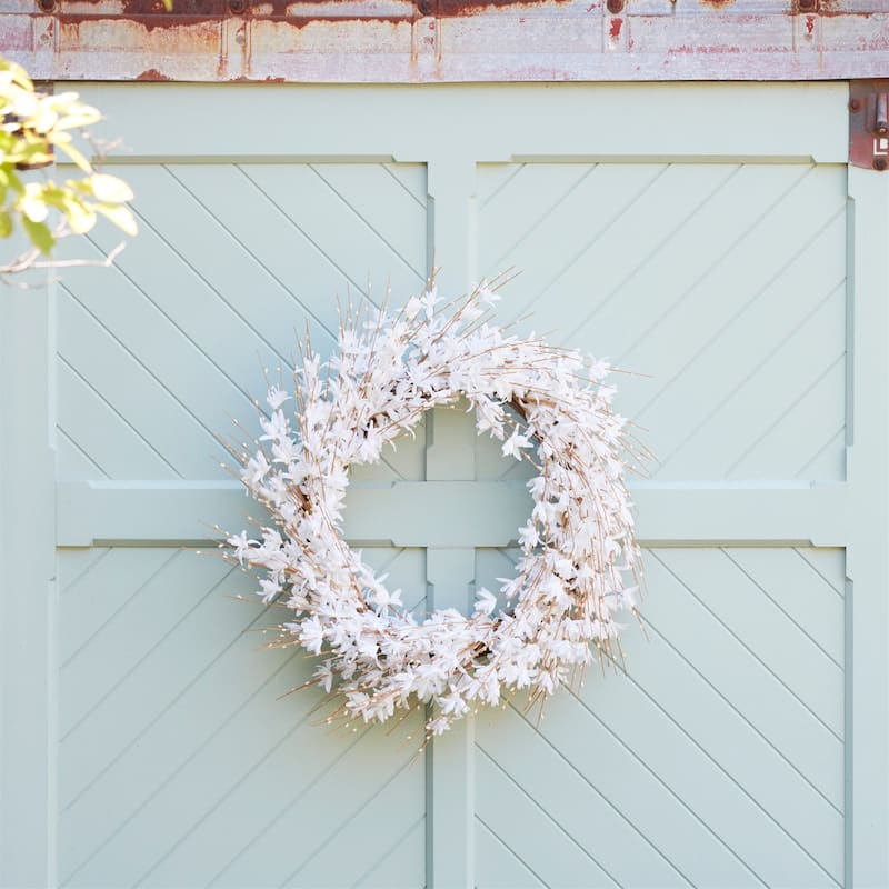 White Blossom Twig Spring Floral Wreath, 25-Inch