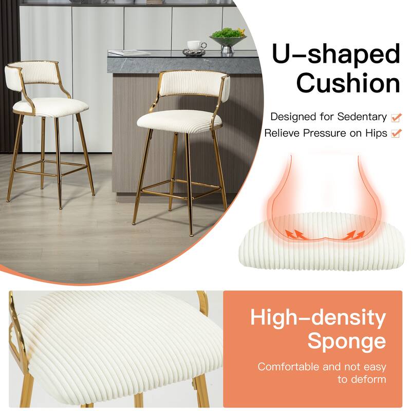Corduroy Upholstered Bar Stools Set of 2 with Gold Metal Frame
