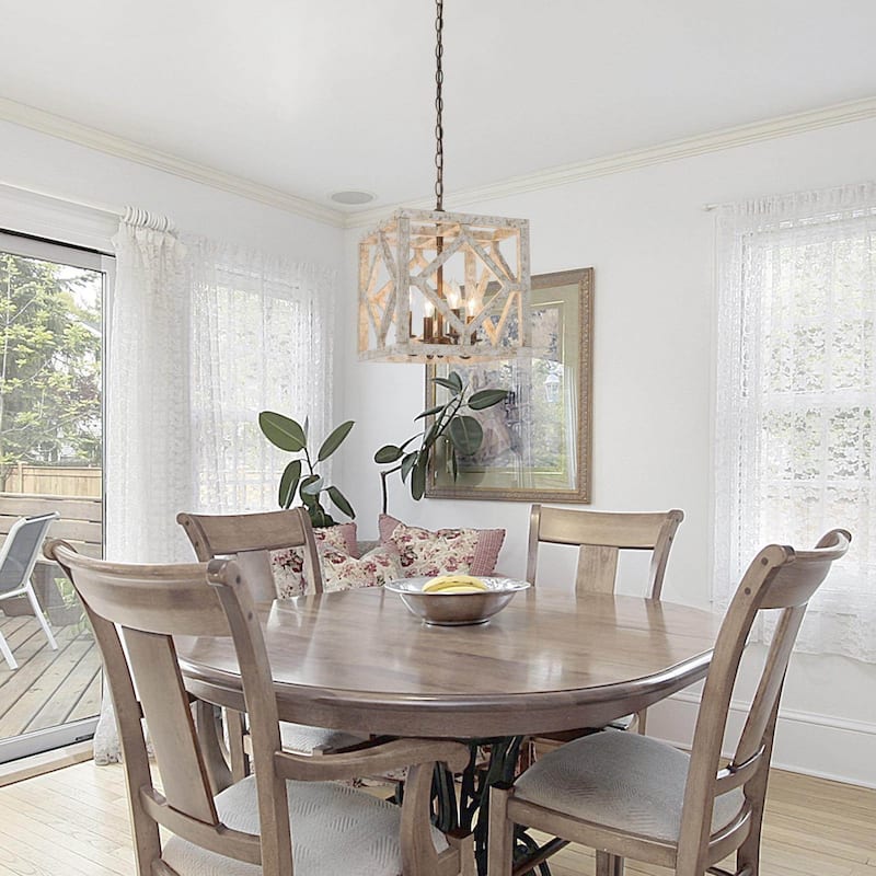 Farmhouse 4-Light Distressed Wood Chandelier for Dining Room - L12"x W12"x H14"