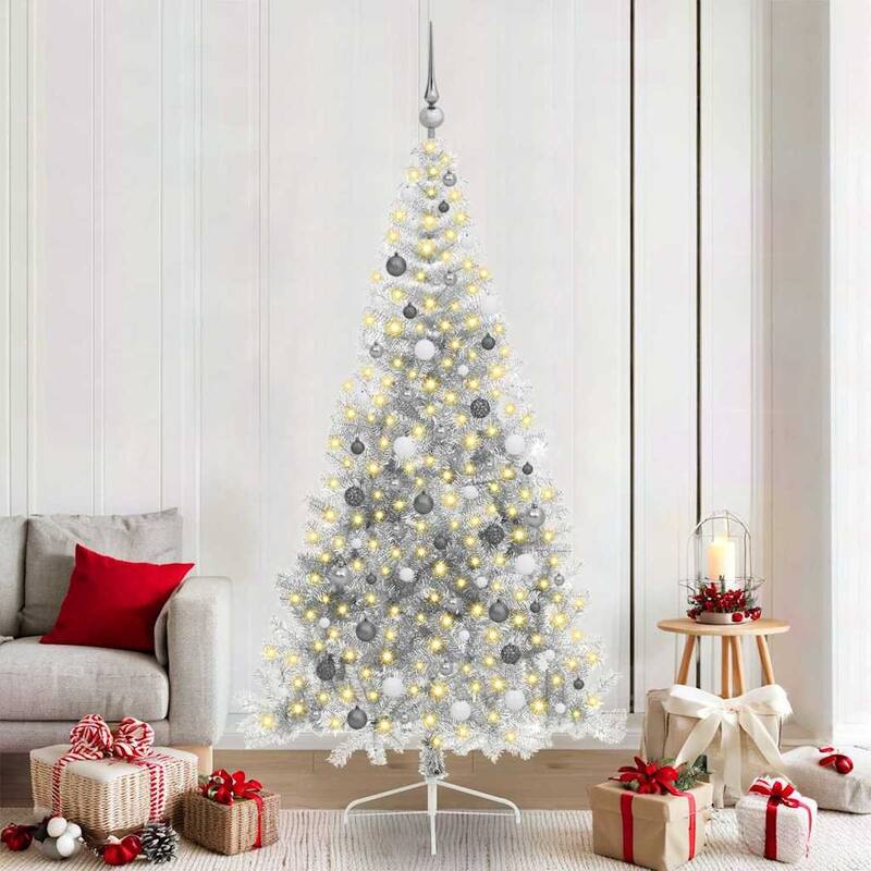 vidaXL Artificial Pre-lit Christmas Tree Silver 82.7" PET - Silver with 120 white/grey balls