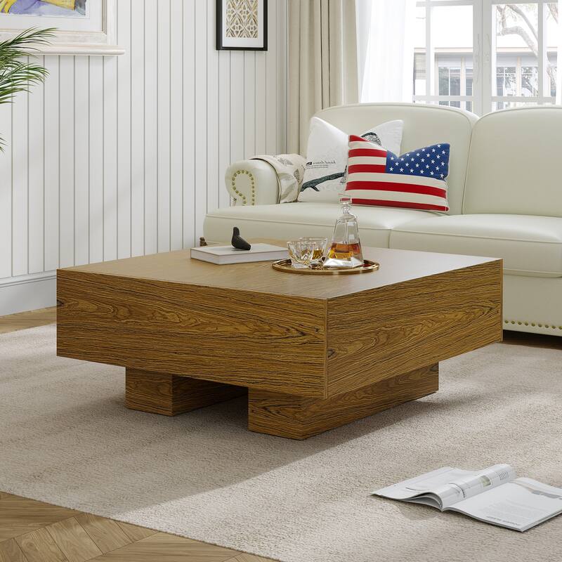 35.43" Square Wood Coffee Table with 2 Drawers, Brown Wood Texture - 35.43