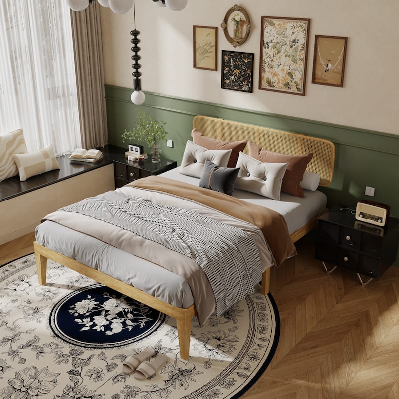 Solid Wood Bed Frame with Rattan Headboard - Natural Finish Platform Bed