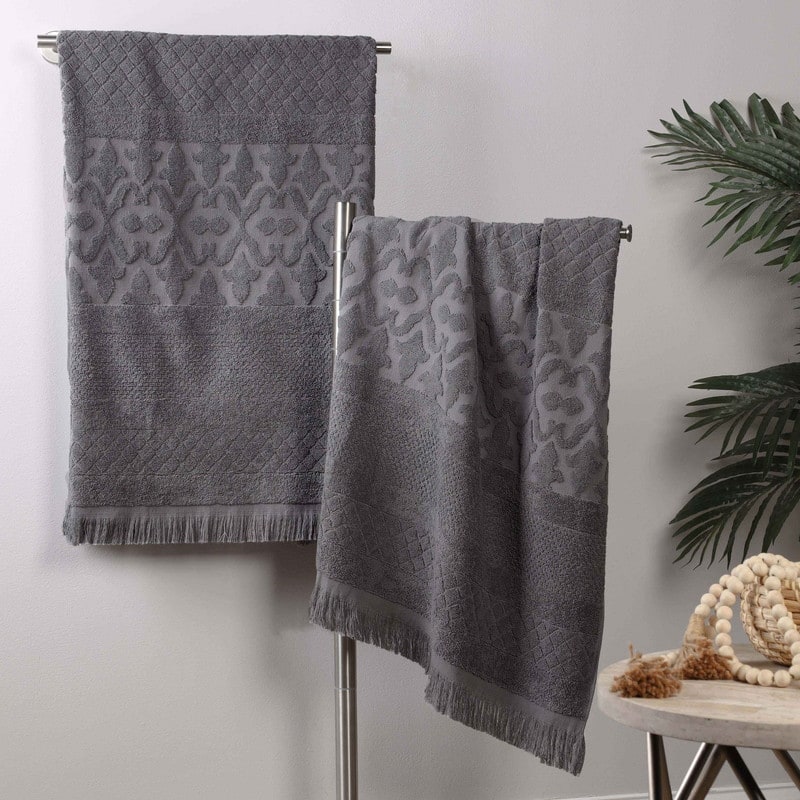 Superior Rolla Cotton Geometric Jacquard Plush Soft Bath Sheet Set of 2 - Grey
