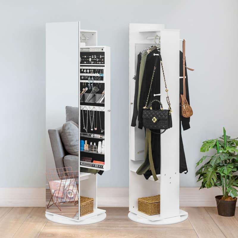 360 Full Length Mirror Jewelry Armoire with Hall Tree - White