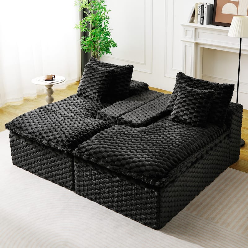 Lazy Reclining Sofa Turtle Velvet Modular Sleeper Sectional Sofa Bed with Double Chaise Lounge and Full Compressed Sponge