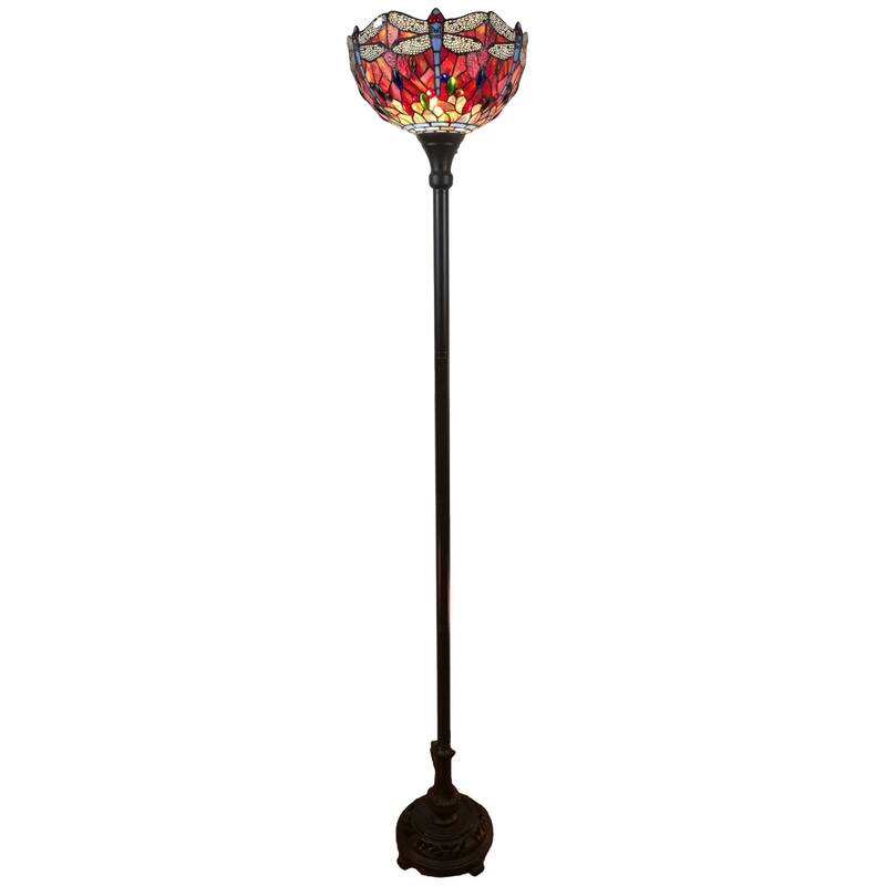 Black Metal Torchiere Floor Lamp with Red Stained Glass Dragonfly Shade - 14” x 14” x 69” (D x W x H)
