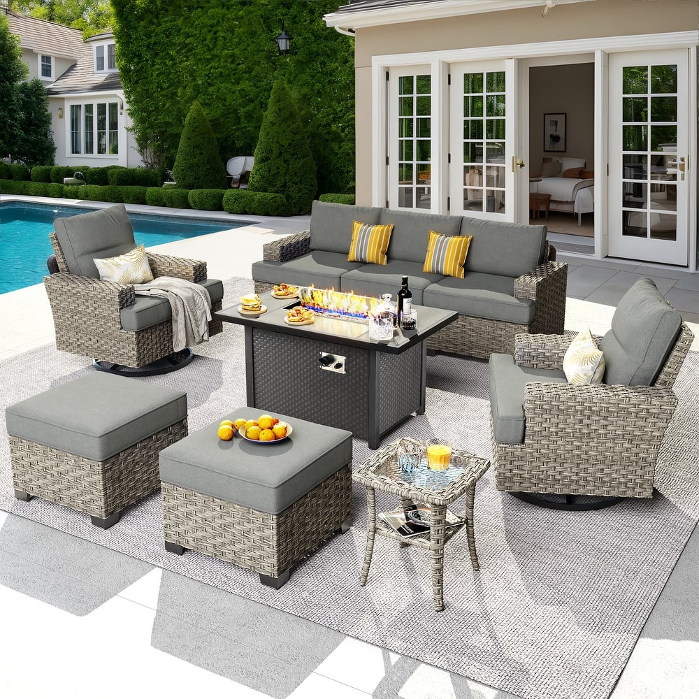 OVIOS 9 Pieces T shaped Seat Wide Armrest Swivel Chair Set With Fire Pit