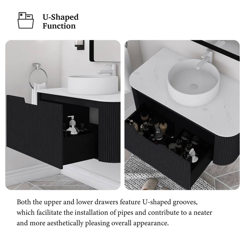 Plywood Wall-Mounted Bathroom Vanity Set with Integrated Ceramic Sink in Natural Wood