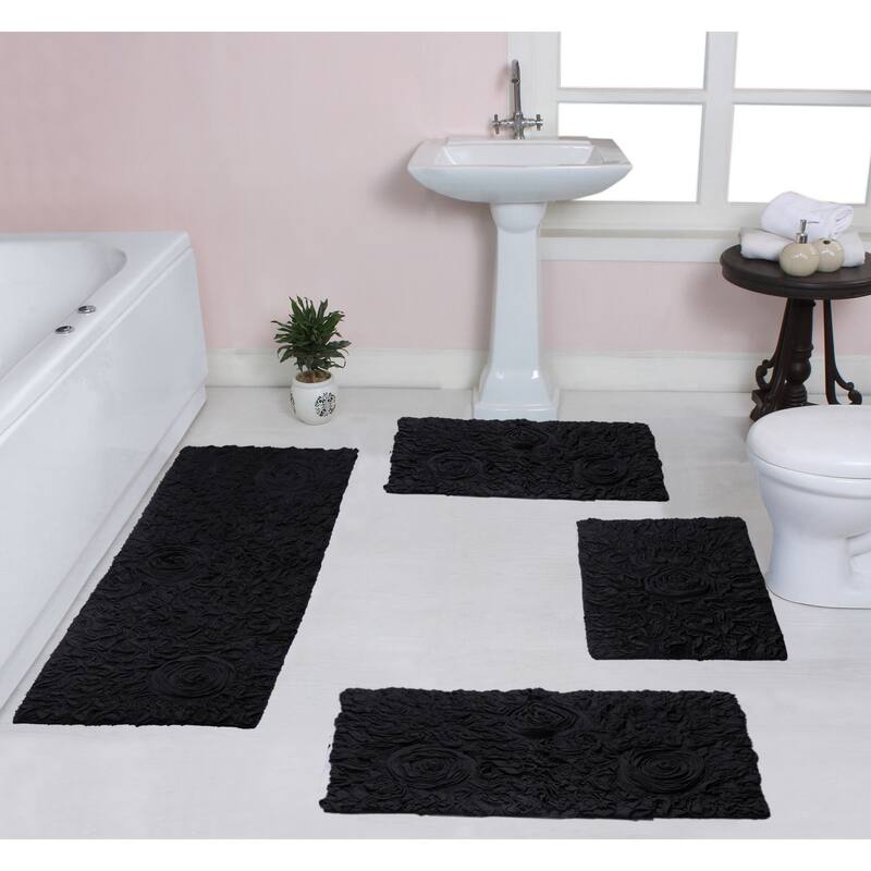 Home Weavers Modesto Collection 100% Cotton Bath Rug, Non-Slip Bath Rug, Extra Soft, Machine Wash, 4 Pcs Set with Runner - Black - 17"x24", 21"x34", 24"x40", 21"x54"