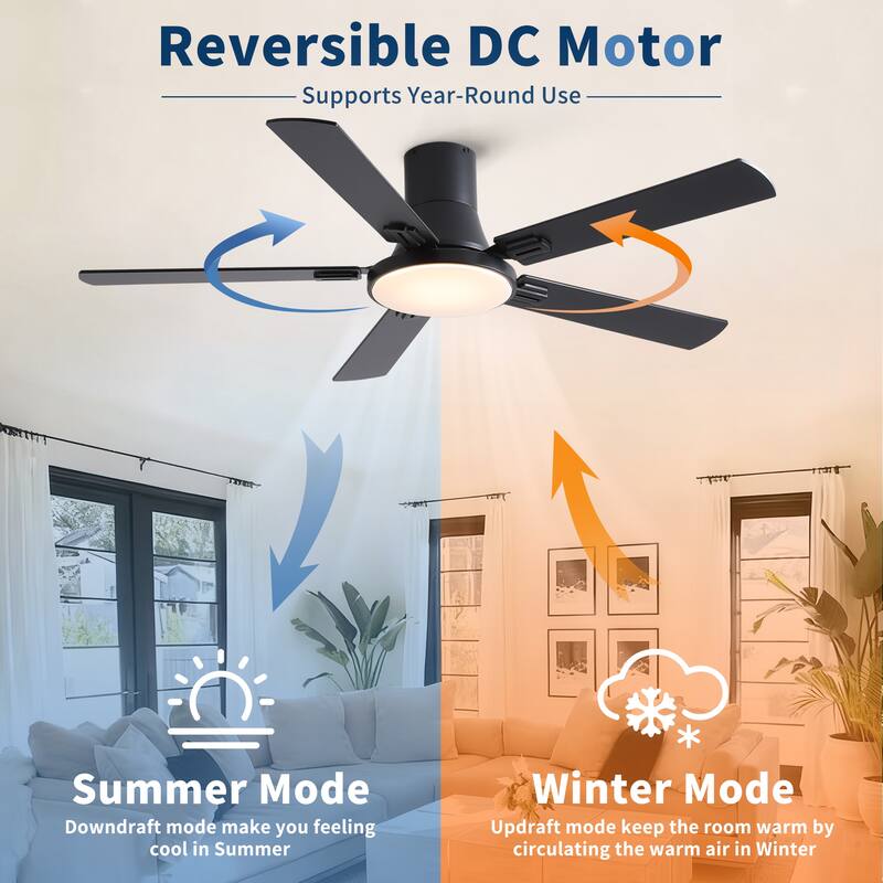 52 Inch Modern Minimalist Flush Mount Ceiling Fan with Light, Reversible DC Motor, Remote, Double-Sided Blades