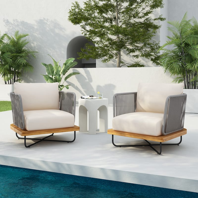 Christopher Knight Home - Emerson Coastal Acacia Wood Outdoor Chair with Cushions - Teak Finish+Beige Cushion,2 piece -  2-Piece