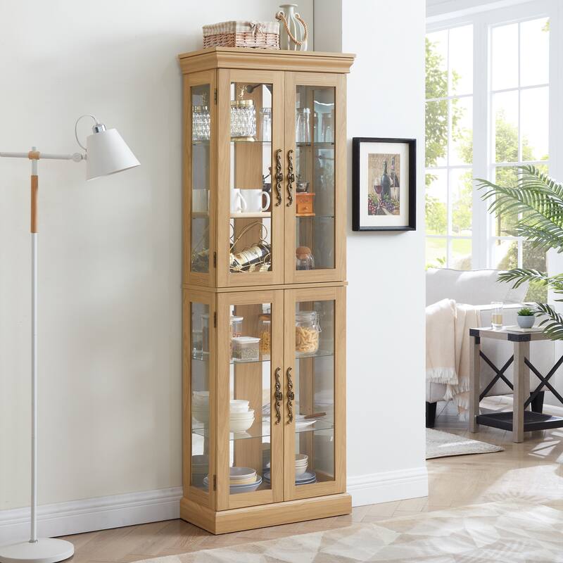Lighted Glass Curio Display Cabinet: Wood Frame, Wine/Toy Storage - For Living Room/Kitchen, Bulb Included