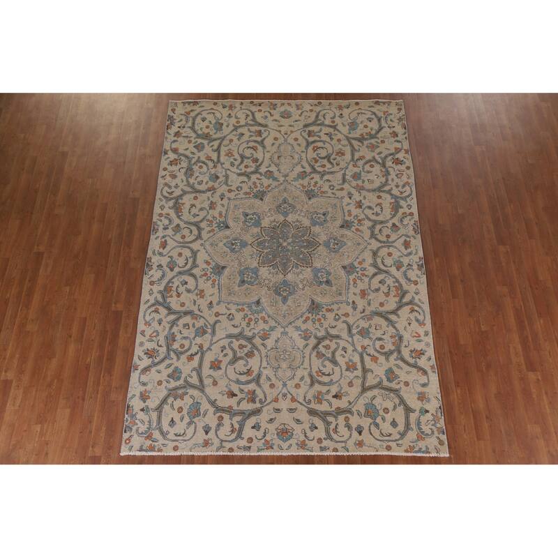 Hand Knotted Oriental 100% Wool Carpet Traditional Floral Beige & Ivories Tabriz Area Rug - 10' 1'' X 6' 10''