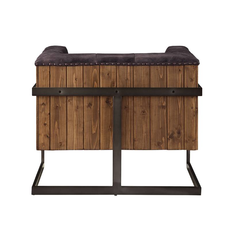 Top Grain Leather Accent Chair with Tight Back in Antique Ebony and Rustic Oak