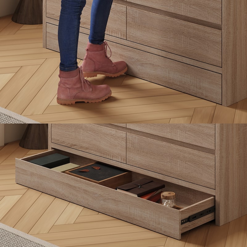 Wood Grain 7-Drawer Dresser with Hidden Compartments and Kick-to-Open Bottom Drawer