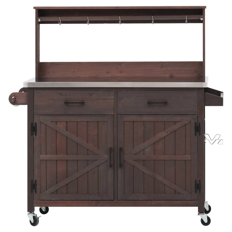 54.1" Outdoor Kitchen Island with High Shelf, Large Outdoor Potting Table with Top and Storage Cabinet, With Lockable Wheels