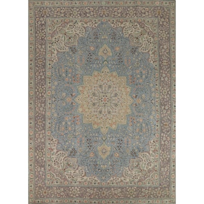 Light Blue Floral Tabriz Persian Vintage Area Rug Handmade Wool Carpet - 9'7" x 12'1"