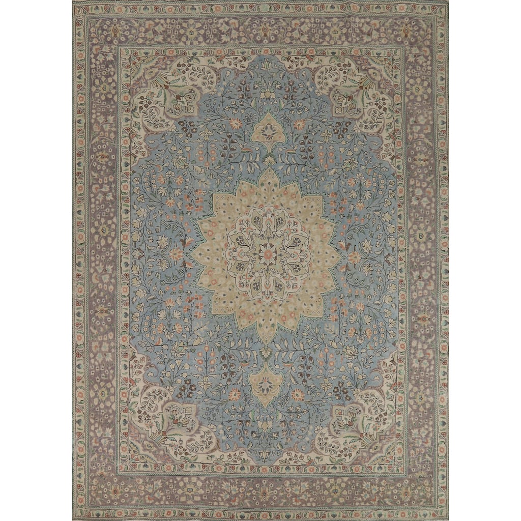Light Blue Floral Tabriz Persian Vintage Area Rug Handmade Wool Carpet - 9'7" x 12'1"