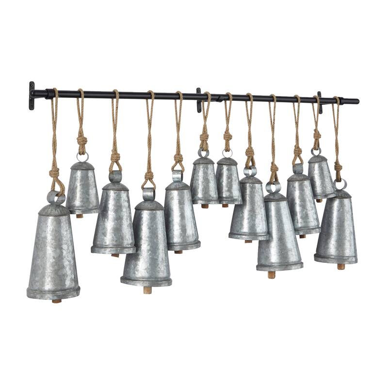 Gray or Bronze Metal Tibetan Inspired Decorative Cow Bell with Jute Hanging Rope and Rod